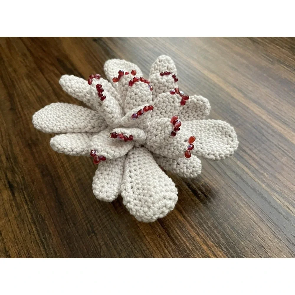 Handmade Succulent with Red Beads Crochet Blooming Cactus Cream Office Decor